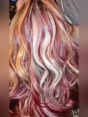 Multi-Tone Burgundy, Blonde & White Women’s Hair Color Styling
